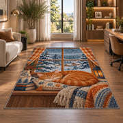 Orange Cat Snowy Window rug in a living room with a desk and large windows