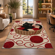 Black Cat Yarn Basket rug in a living room with a desk and large windows