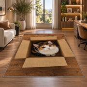 Calico Cat in a Box rug in a living room with a desk and large windows
