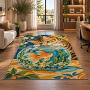 Tabby Cat and Goldfish rug in a living room with a desk and large windows