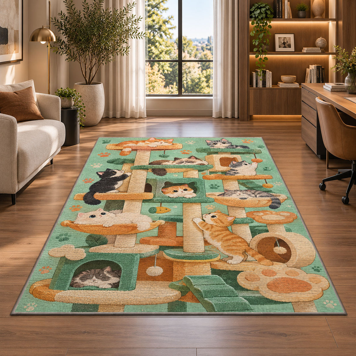 Cat Tree Playground rug in a living room with a desk and large windows