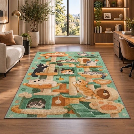 Cat Tree Playground rug in a living room with a desk and large windows