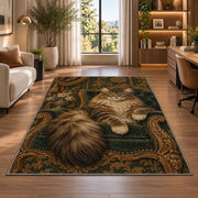 Maine Coon on Velvet Chair rug in a living room with a desk and large windows