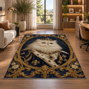 Royal Persian Cat Portrait rug in a living room with a desk and large windows