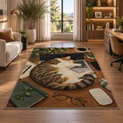 Cat Napping on Laptop rug in a living room with a desk and large windows