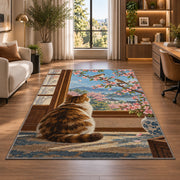 Cat Watching Sparrows rug in a living room with a desk and large windows