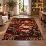 Sweater Kitten by Fireplace rug in a living room with a desk and large windows