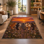 Cats on Fence at Sunset rug in a living room with a desk and large windows