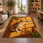 Tabby Cat Sunbathing rug in a living room with a desk and large windows