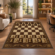 classic wooden chessboard rug in a living room with a desk and large windows