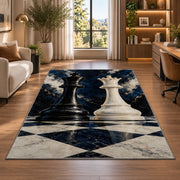 black king and white queen chess pieces rug in a living room with a desk and large windows