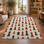 chess pieces pattern rug in a living room with a desk and large windows