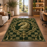 knight chess emblem rug in a living room with a desk and large windows