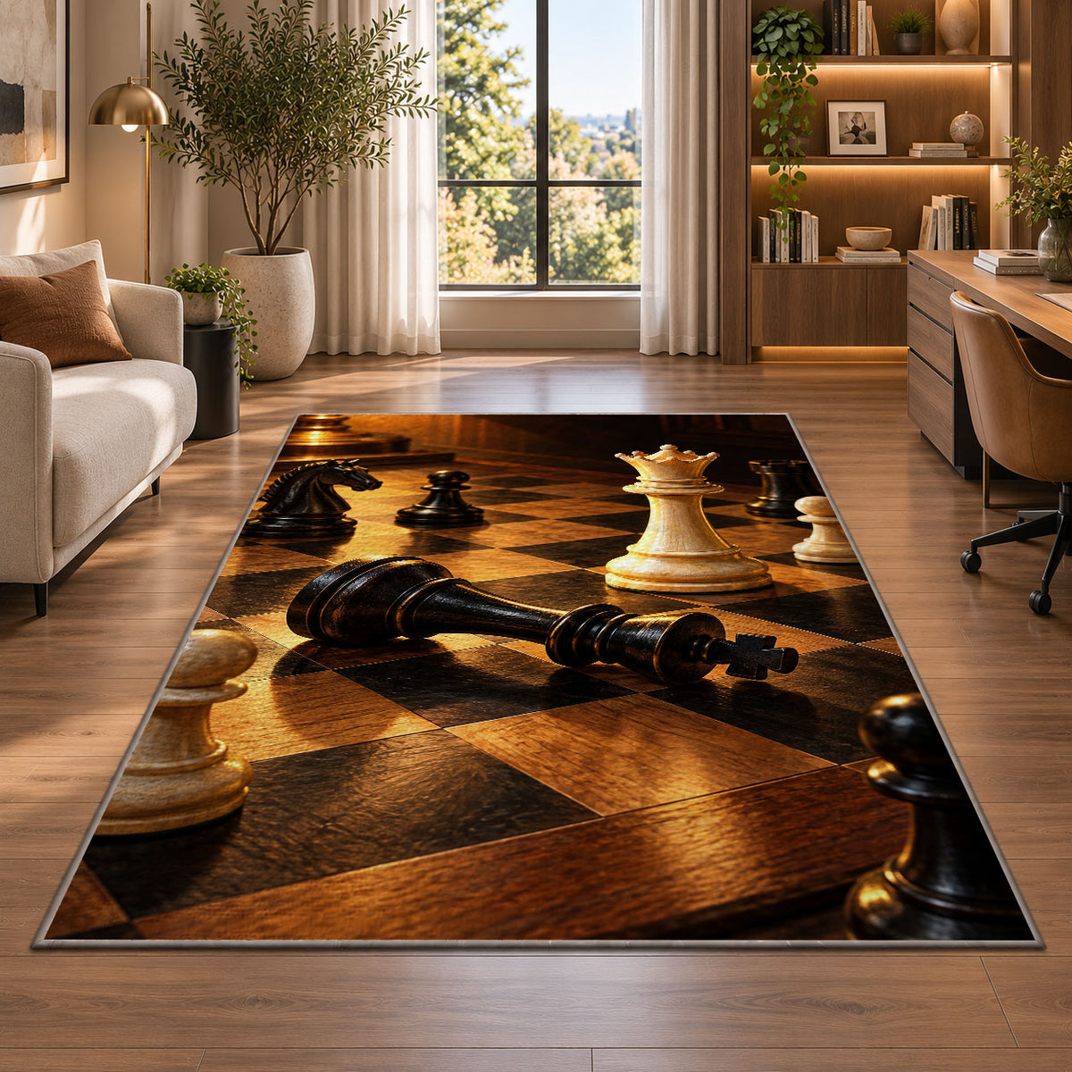 checkmate chess scene rug in a living room with a desk and large windows