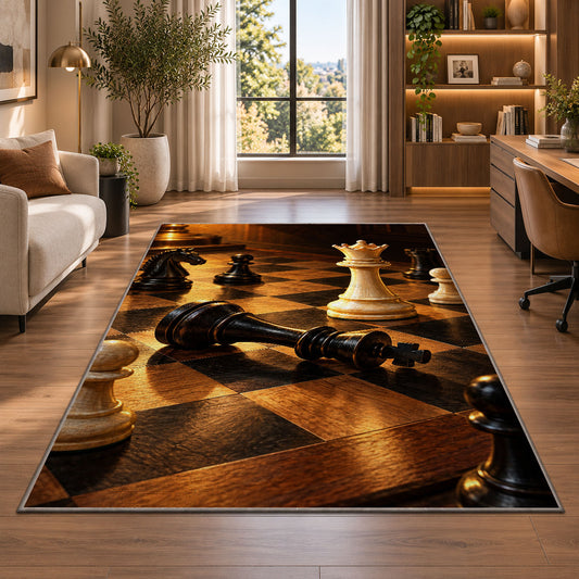 checkmate chess scene rug in a living room with a desk and large windows