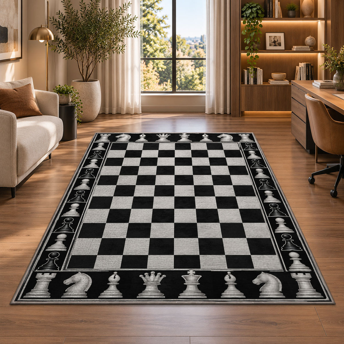 black and white chessboard rug in a living room with a desk and large windows