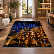 glowing glass chess pieces rug in a living room with a desk and large windows