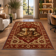 chess clock and chess pieces rug in a living room with a desk and large windows