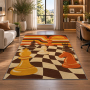 retro 70s chessboard rug in a living room with a desk and large windows
