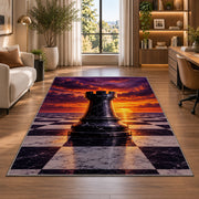 rook chess piece at sunset rug in a living room with a desk and large windows