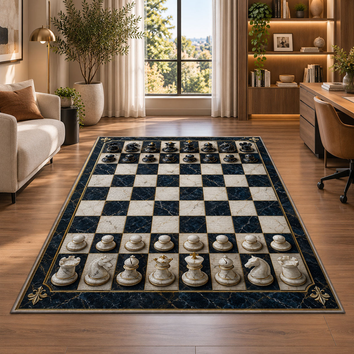marble chessboard rug in a living room with a desk and large windows