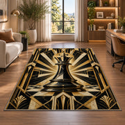 art deco chess king rug in a living room with a desk and large windows