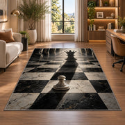 pawn with queen shadow chess rug in a living room with a desk and large windows