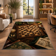 chessboard on a study desk rug in a living room with a desk and large windows