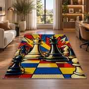 pop art chess king and queen rug in a living room with a desk and large windows