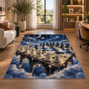 chessboard in the starry sky rug in a living room with a desk and large windows