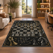 chalkboard chess strategy rug in a living room with a desk and large windows