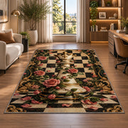 chess queen wrapped in roses rug in a living room with a desk and large windows