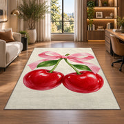 Cherry Bow Rug in a living room with a desk and large windows
