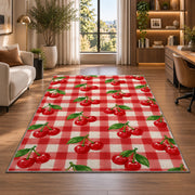 Gingham Cherry Rug in a living room with a desk and large windows