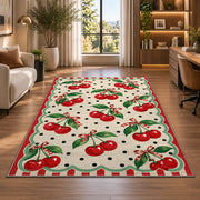 Retro Cherry Polka Dot Rug in a living room with a desk and large windows