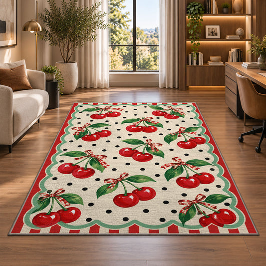 Retro Cherry Polka Dot Rug in a living room with a desk and large windows