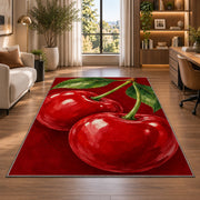 Giant Cherry Rug in a living room with a desk and large windows