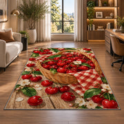 Cherry Basket Rug in a living room with a desk and large windows