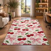 Cherry and Bow Pattern Rug in a living room with a desk and large windows