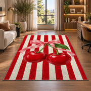 Candy Stripe Cherry Rug in a living room with a desk and large windows