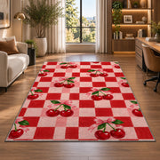Checkered Cherry Rug in a living room with a desk and large windows