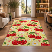 Kawaii Cherry Rug in a living room with a desk and large windows