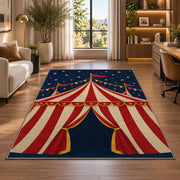 Vintage Circus Tent Rug in a living room with a desk and large windows