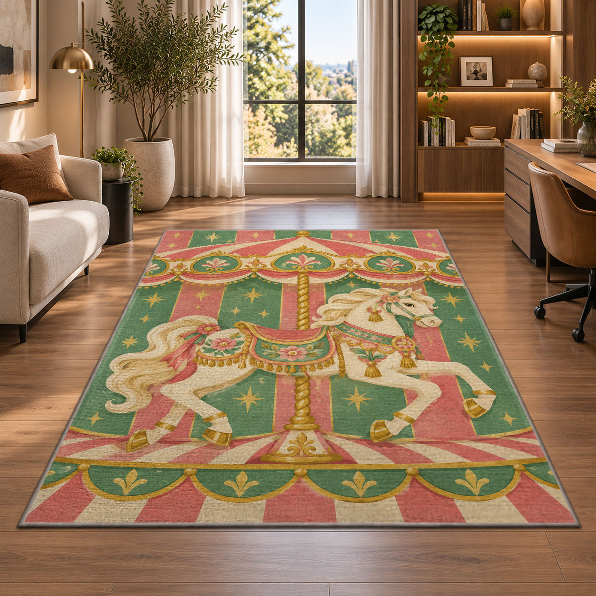 Carousel Horse Rug in a living room with a desk and large windows