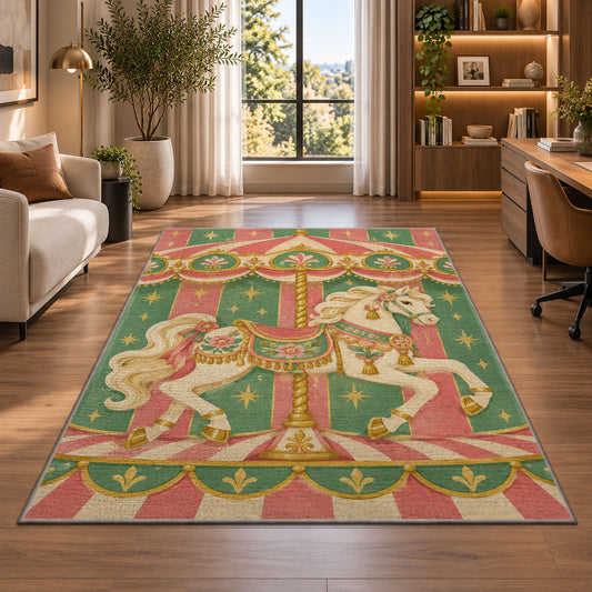 Carousel Horse Rug in a living room with a desk and large windows