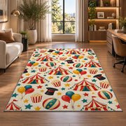 Circus Pattern Rug in a living room with a desk and large windows