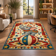 Circus Elephant Rug in a living room with a desk and large windows
