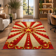 Circus Tent Ceiling Rug in a living room with a desk and large windows
