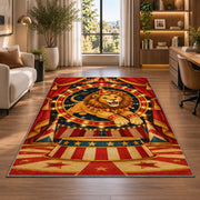 Circus Lion Rug in a living room with a desk and large windows