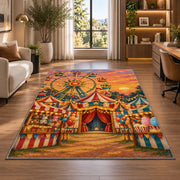 Carnival Ferris Wheel Rug in a living room with a desk and large windows